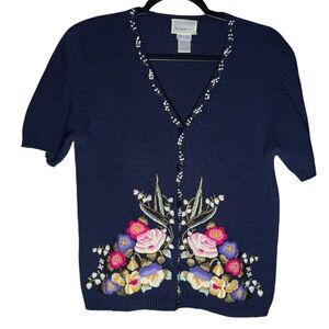 VTG 90s Susan Bristol Knit Short Sleeve Floral Embroidered top women’s Small